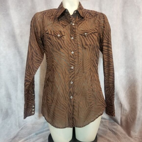 Ariat Brown Zebra Striped Sheer Pearl Snap Sz S - Picture 2 of 5